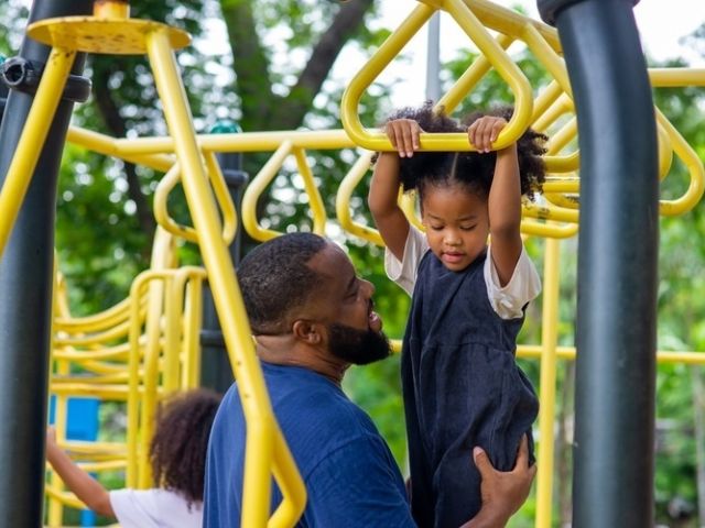 child holding onto monkeybars with  man supporting her legs